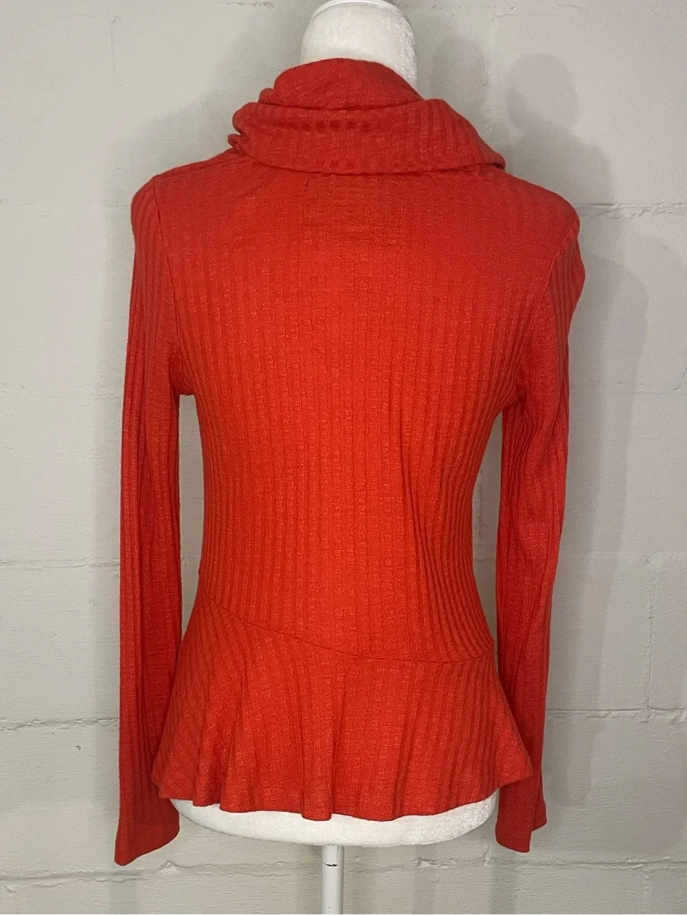 Anthropologie Red Ribbed Cowl Neck Peplum Sweater